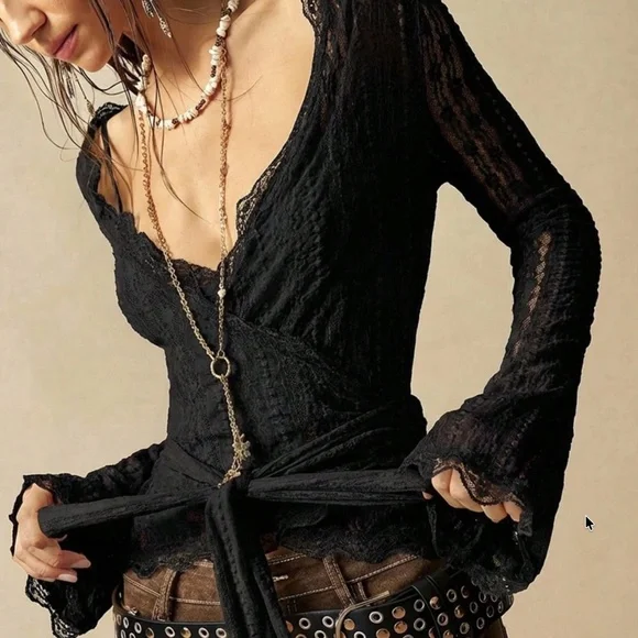 Boho Floral Lace V neck Semi Sheer Long Sleeve Flare Top - Picture 6 of 9